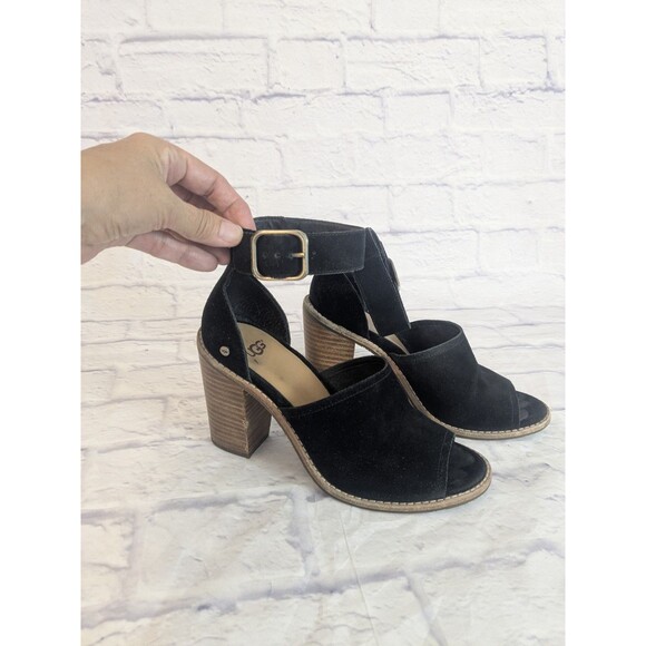 UGG Black Suede Aja Ankle Strap Sandals High Heels Women Size 6.5 Open Toe - Picture 1 of 9